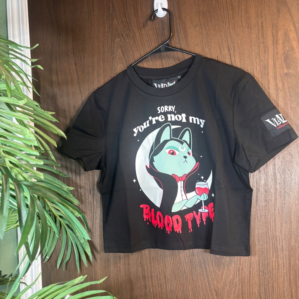Killstar Blood Type Crop Top Black Vampurr Cat Goth Tee NWT Large